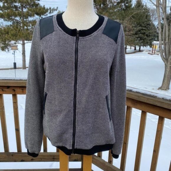 41Hawthorn Knit Tweed Moto Jacket Size L Faux Leather Trim Gray Black Full Zip - Picture 10 of 12